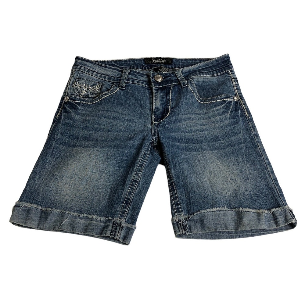 Y2K Southpole Shorts Juniors 5 Blue Bling Bermuda‎ Cuffed Distressed Rhinestone
